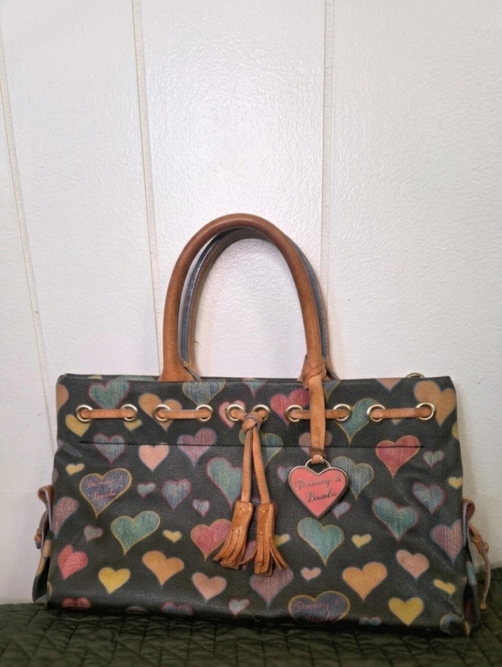 Vintage Y2K Dooney & Bourke Rainbow Heart Canvas Bag Mini Tote Purse W Charm